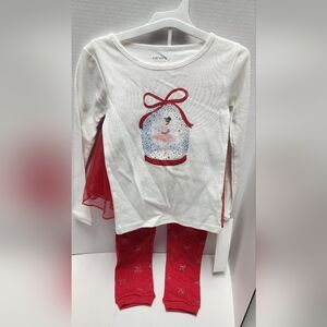 5T Carter's Girls 3pc Ballerina Red White Tutu Shirt Pants Xmas Pajama Set New